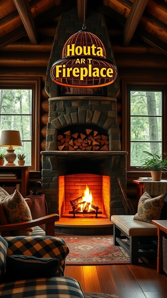 Cozy rustic cabin home office with a stone fireplace and log storage
