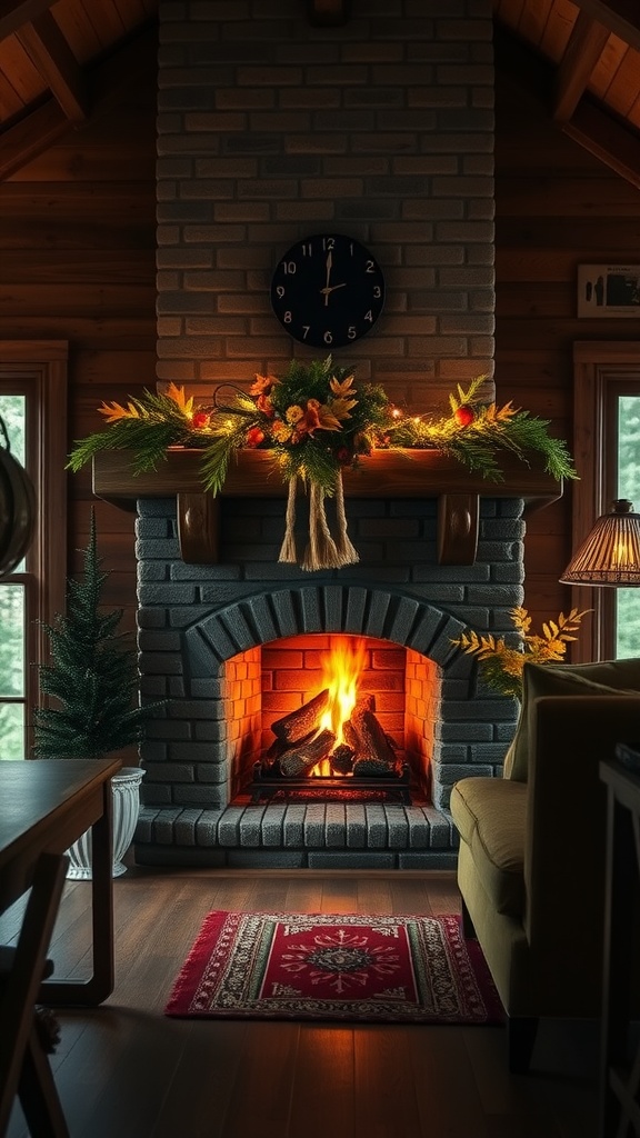 Cozy fireplace in a rustic cabin home office, decorated with seasonal decor and a warm fire.