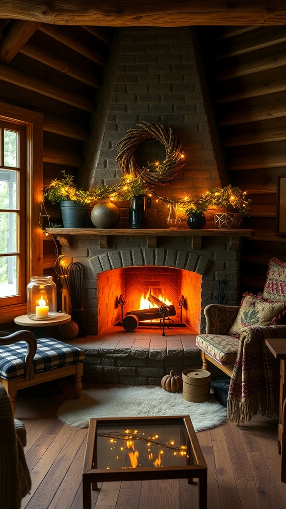 Cozy rustic cabin fireplace with twinkling fairy lights and warm flames