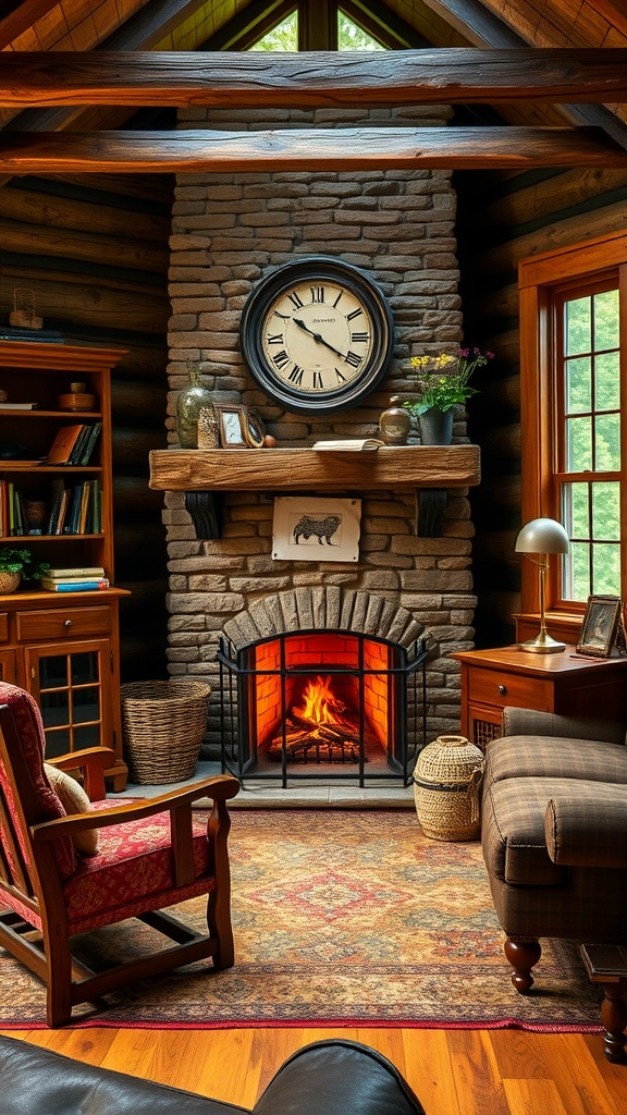 Cozy rustic cabin home office with a stone fireplace and vintage furniture.