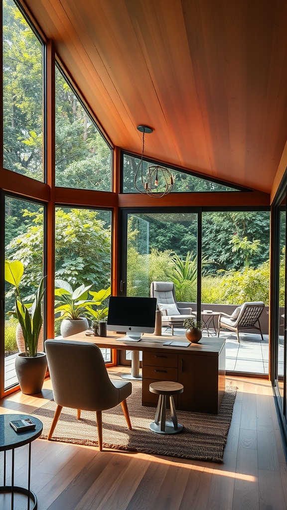 A bright home office with large windows, wooden elements, and a view of greenery.