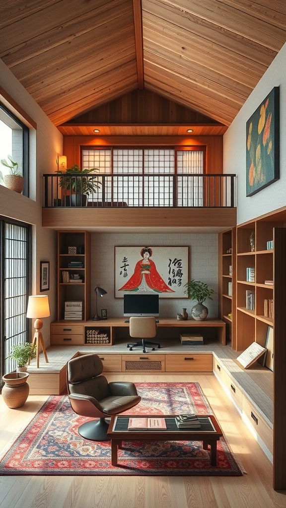 A beautifully designed home office featuring a floating room concept with wooden elements and natural light.