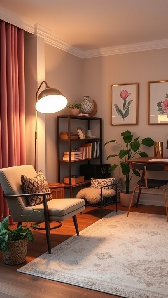 Cozy home office with a stylish floor lamp, a comfortable chair, and decorative elements.