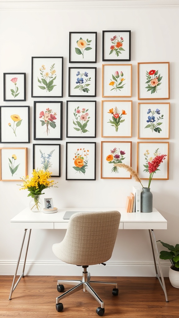 A bright and cheerful home office featuring a floral gallery wall with framed flower art, a white desk, and a comfortable chair.