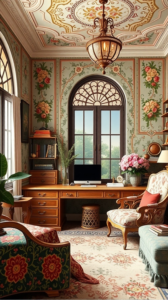 A beautifully decorated home office featuring floral motifs on the walls and ceiling, with a wooden desk and cozy seating.