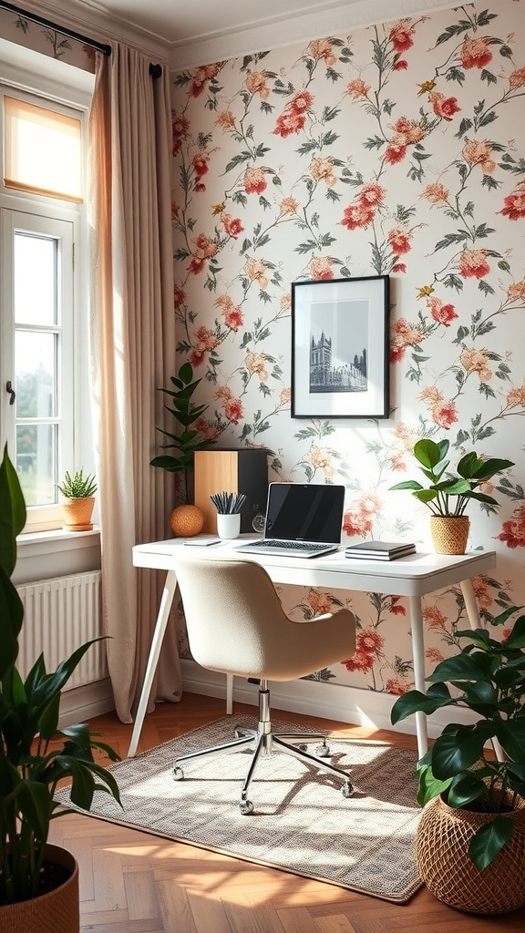 A bright and inviting home office with floral wallpaper, a white desk, and plants.