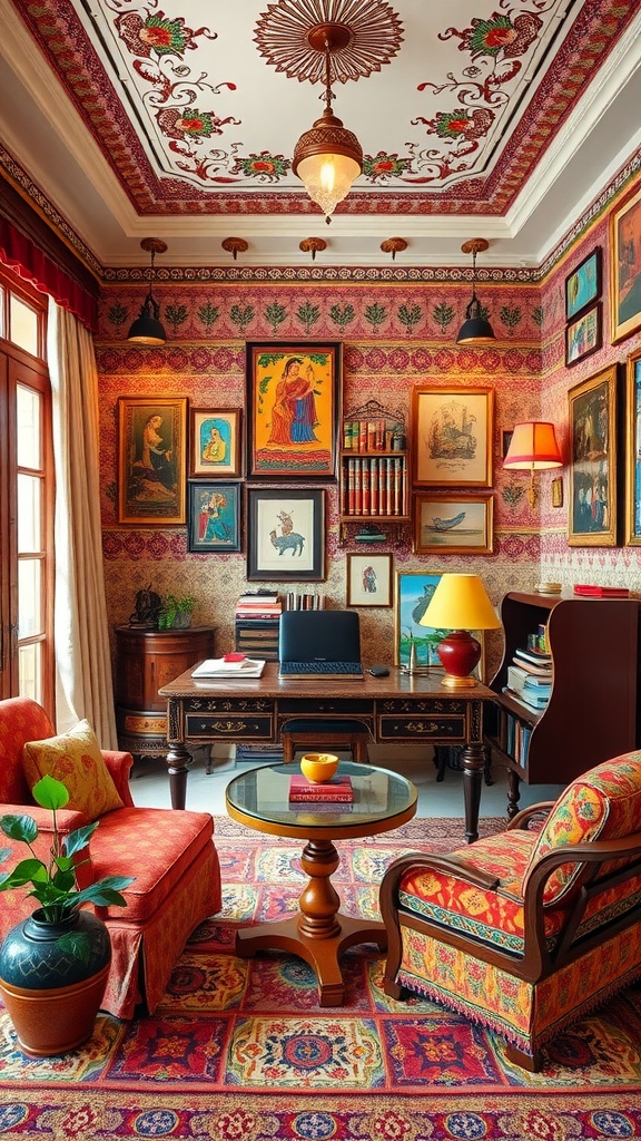 A colorful home office with folk art accents, featuring intricate wall patterns, vibrant furniture, and decorative artwork.
