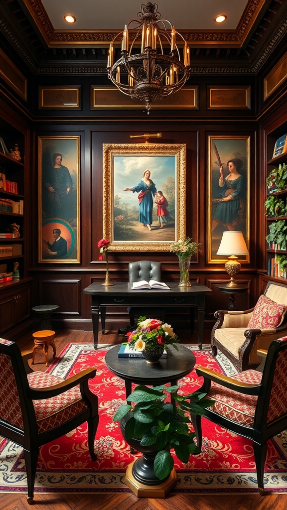 A formal study with rich wood paneling, elegant furniture, and classical artwork.