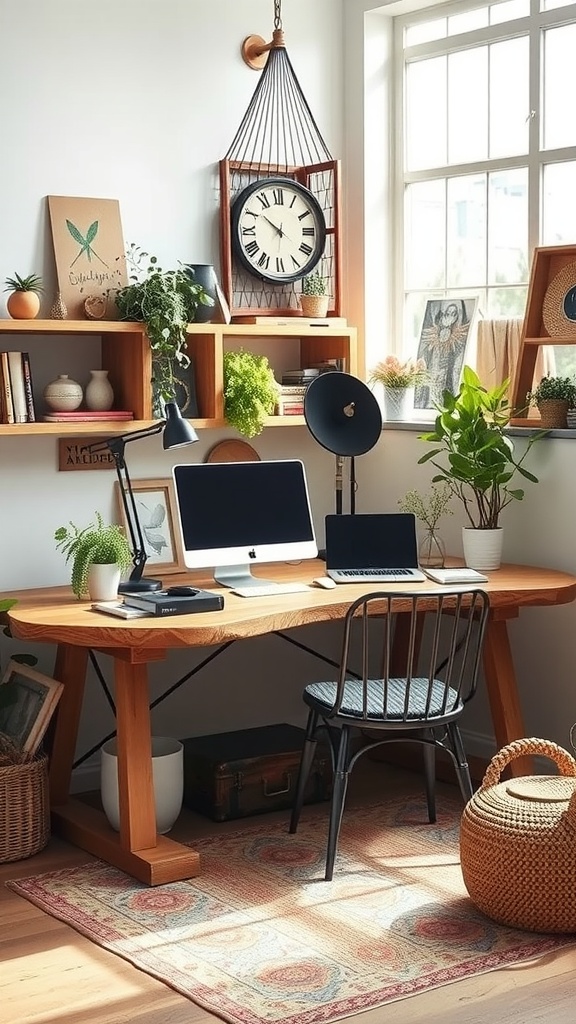 A cozy boho office featuring a unique free-form desk made of fluted veneer, decorated with plants and stylish decor.