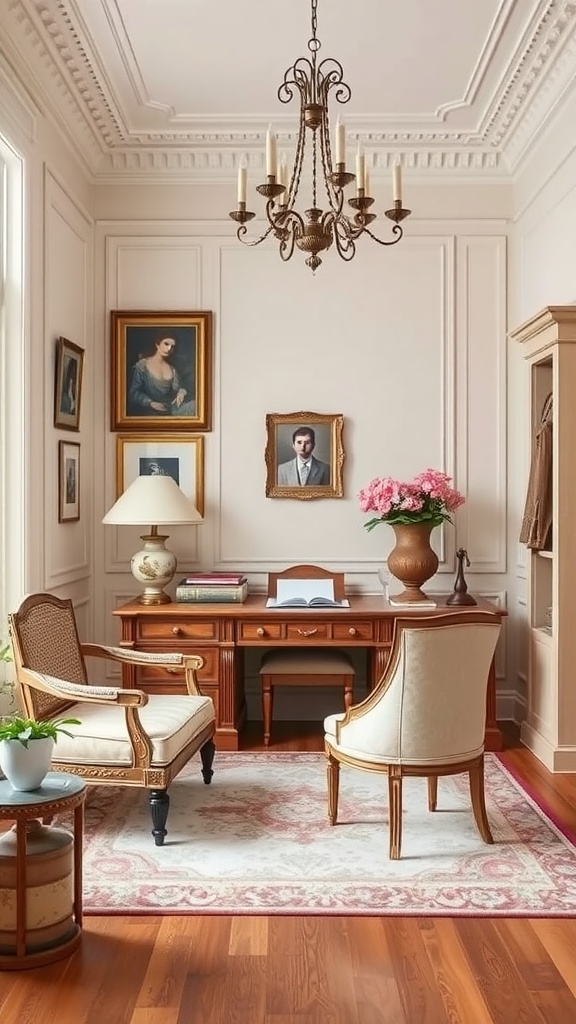 A cozy French Country home office featuring elegant furniture, a chandelier, and classical architecture details.