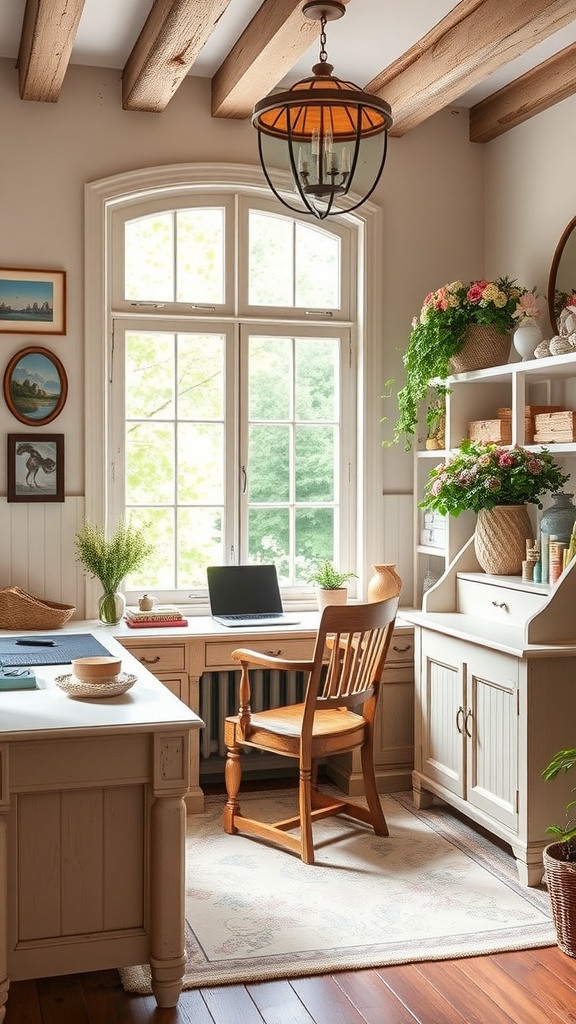 A cozy French country home office with wooden furniture, a desk, and decorative plants.