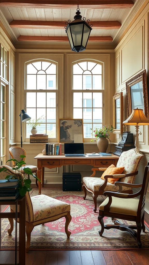 A cozy home office featuring wooden beams, elegant furniture, and large windows, reflecting French country influence.