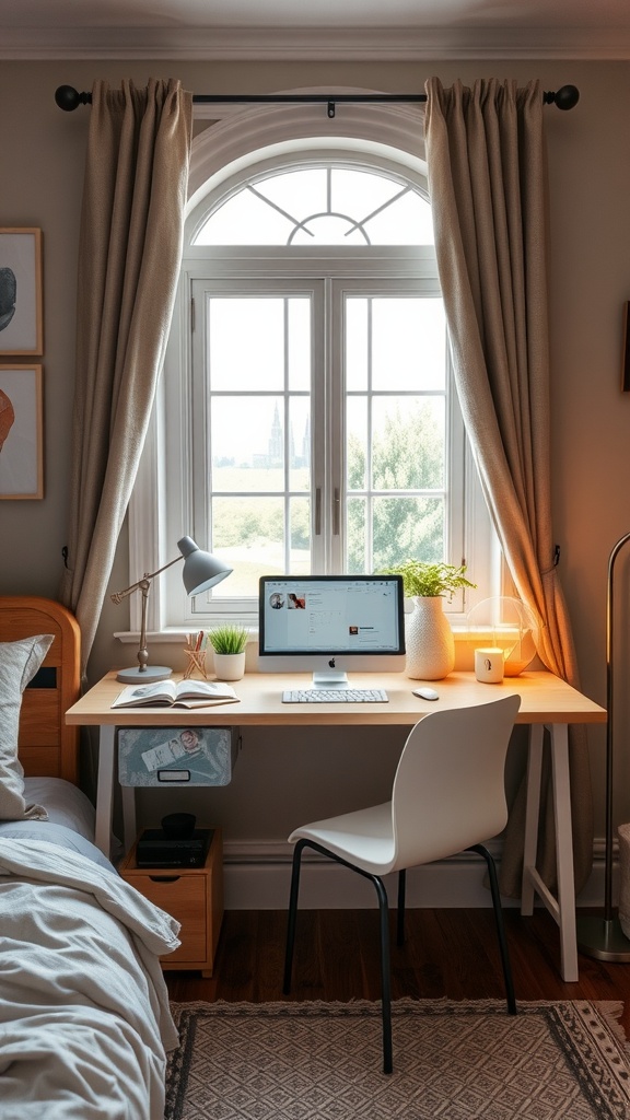 A cozy and functional desk space in a summer bedroom with plants, a laptop, and decorative wall art.