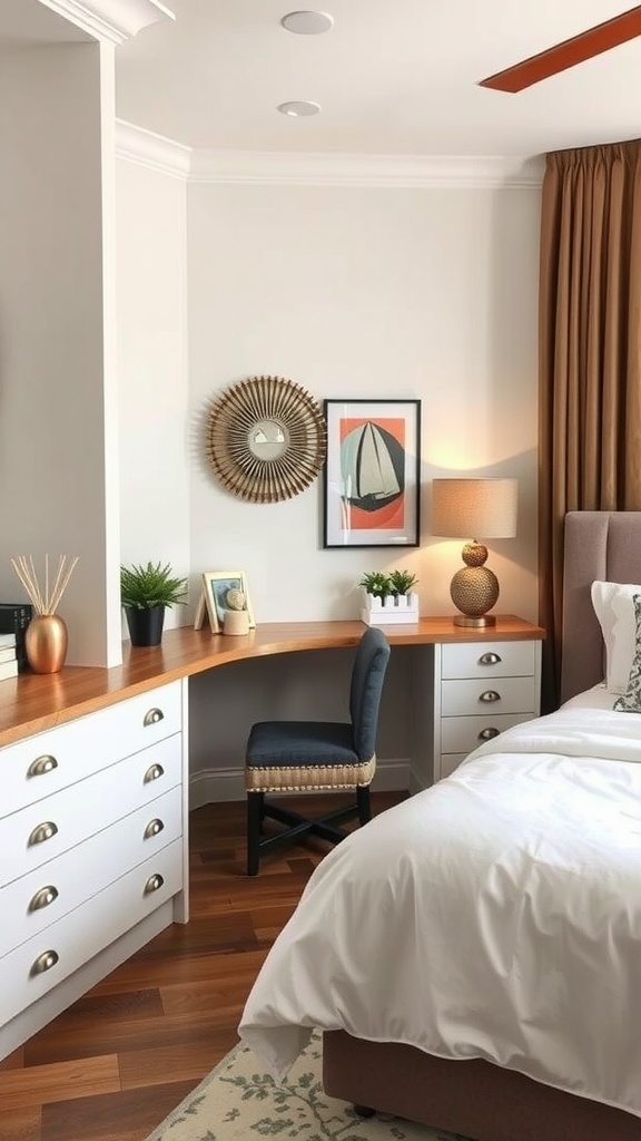 A cozy bedroom corner featuring a stylish workspace with a desk, chair, and decorative elements, showcasing a summer aesthetic.