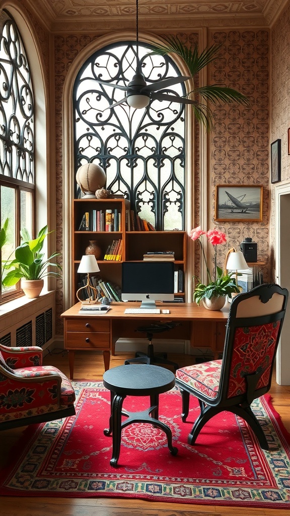 A beautifully designed home office featuring art nouveau architecture with large windows, a wooden desk, and vibrant decor.