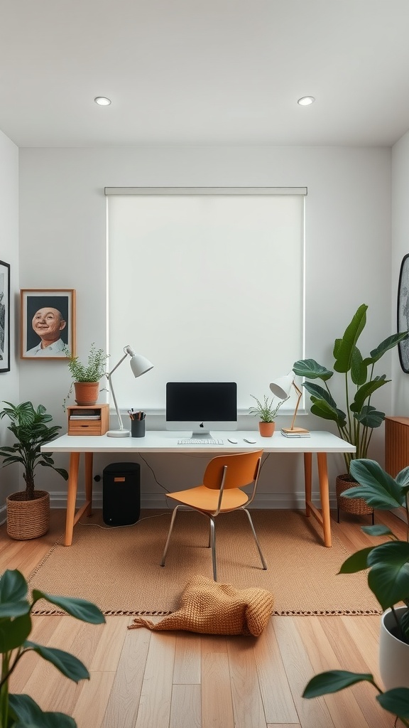 A minimalistic home office with a clean desk, plants, and natural light.