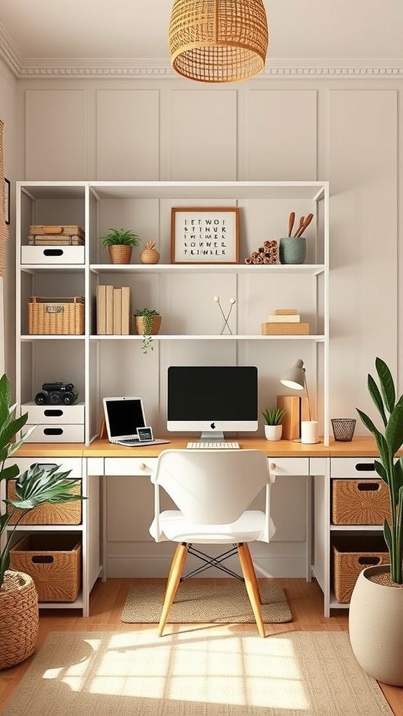 A well-organized home office with functional storage solutions, featuring shelves with plants, books, and decorative items.