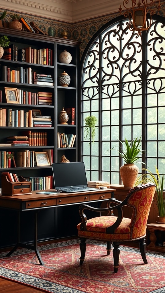 A stylish home office featuring dark wood shelving filled with books, a desk with a laptop, and a large ornate window.