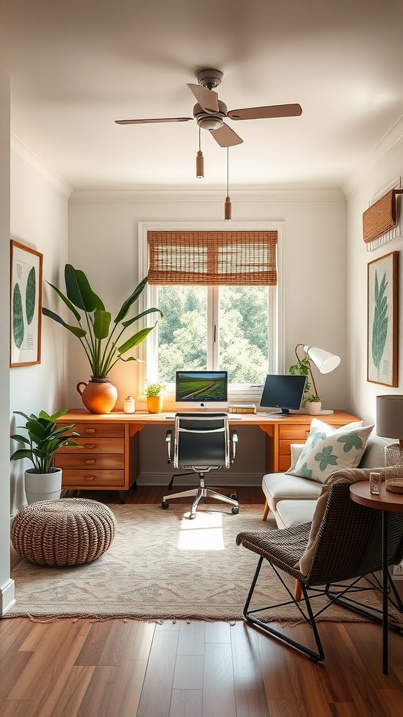 A stylish home office with wooden furniture, plants, and a cozy atmosphere.