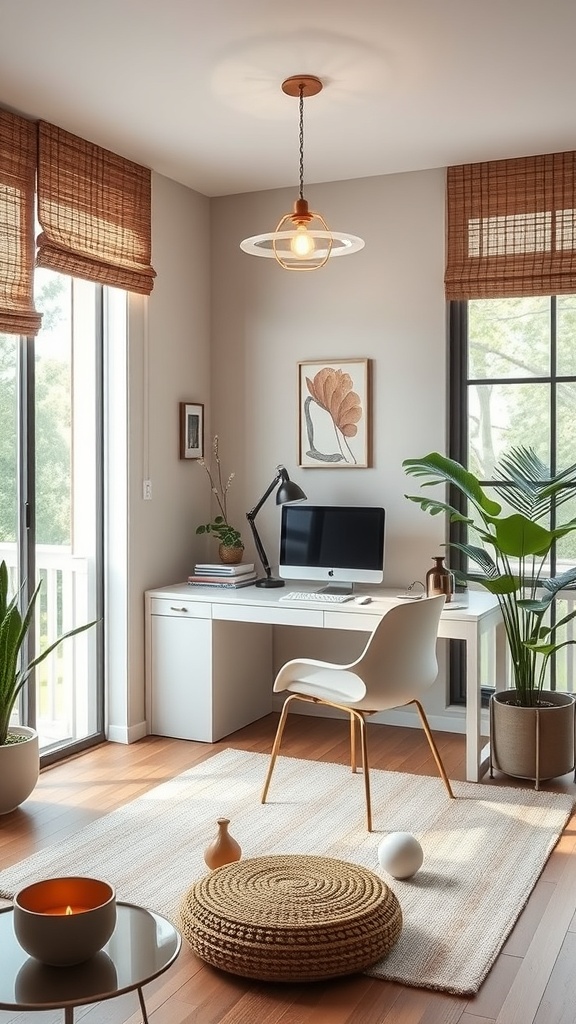 A serene home office with marble walls, wooden furniture, and plants, creating a zen atmosphere.