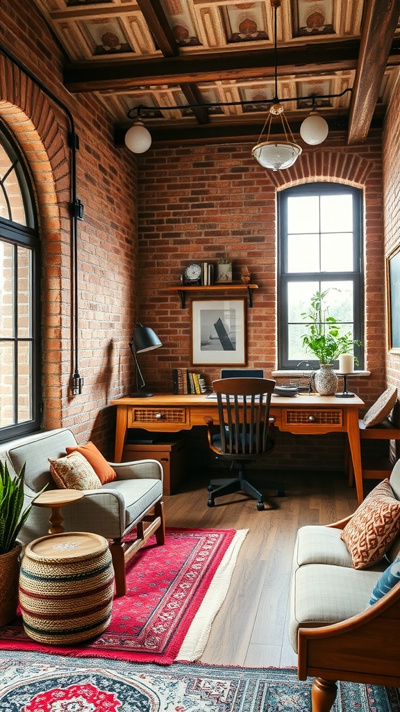 A rustic home office featuring red brick walls, wooden furniture, and cozy decor.