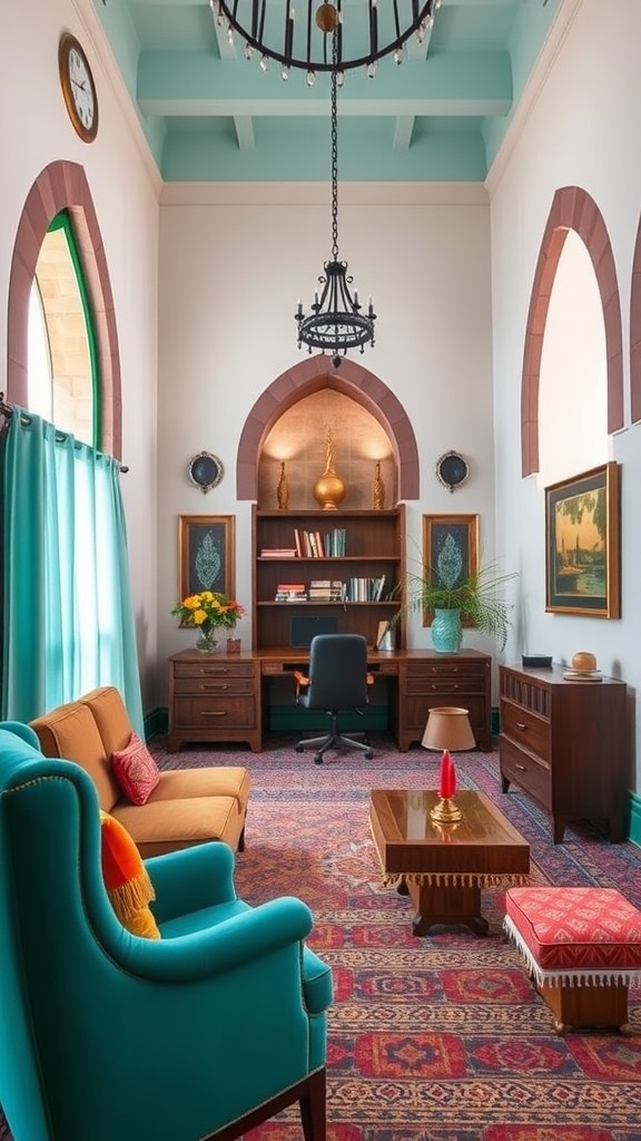 A home office featuring a blend of Eastern and Western architectural styles with arched windows, modern furniture, and vibrant colors.