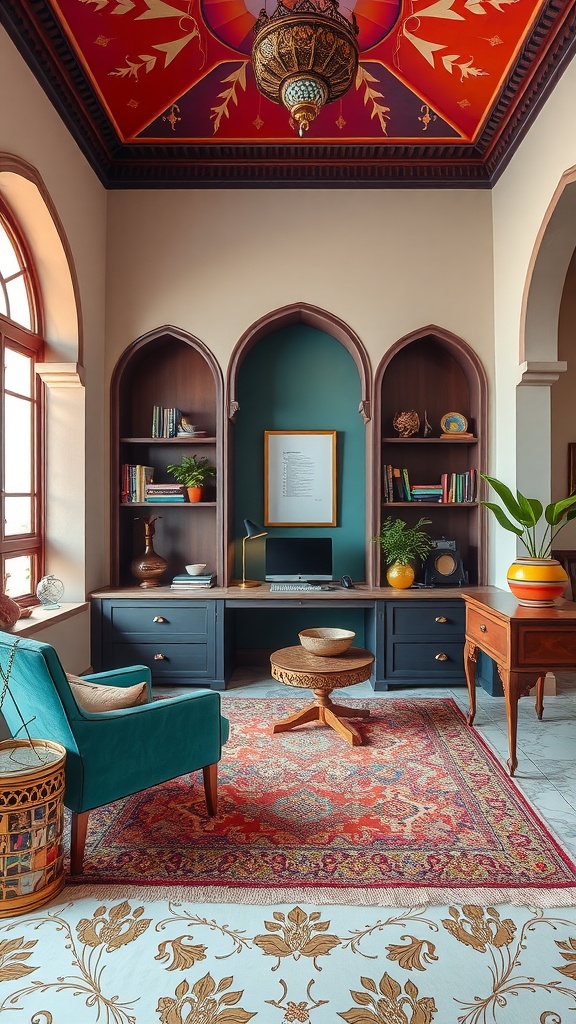A vibrant home office featuring a colorful ceiling, arched shelves, and a blend of traditional Indian architectural elements.
