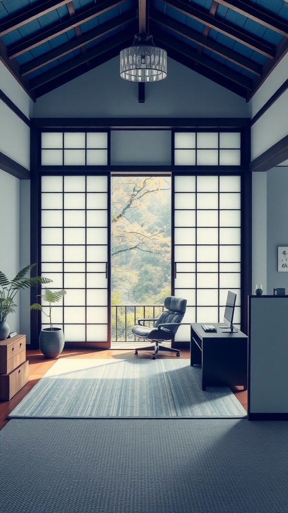A modern home office featuring fusuma sliding doors, showcasing a blend of traditional and contemporary Japanese design.