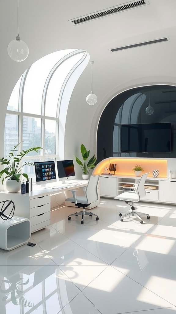 A modern home office with large curved windows, white furniture, and plants, showcasing futuristic design.