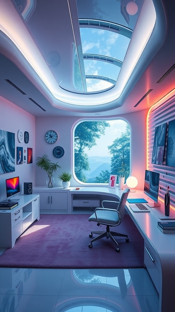 Futuristic home office with large windows, sleek furniture, and modern lighting