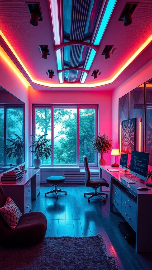 A modern home office with futuristic lighting, featuring vibrant colors and sleek design.