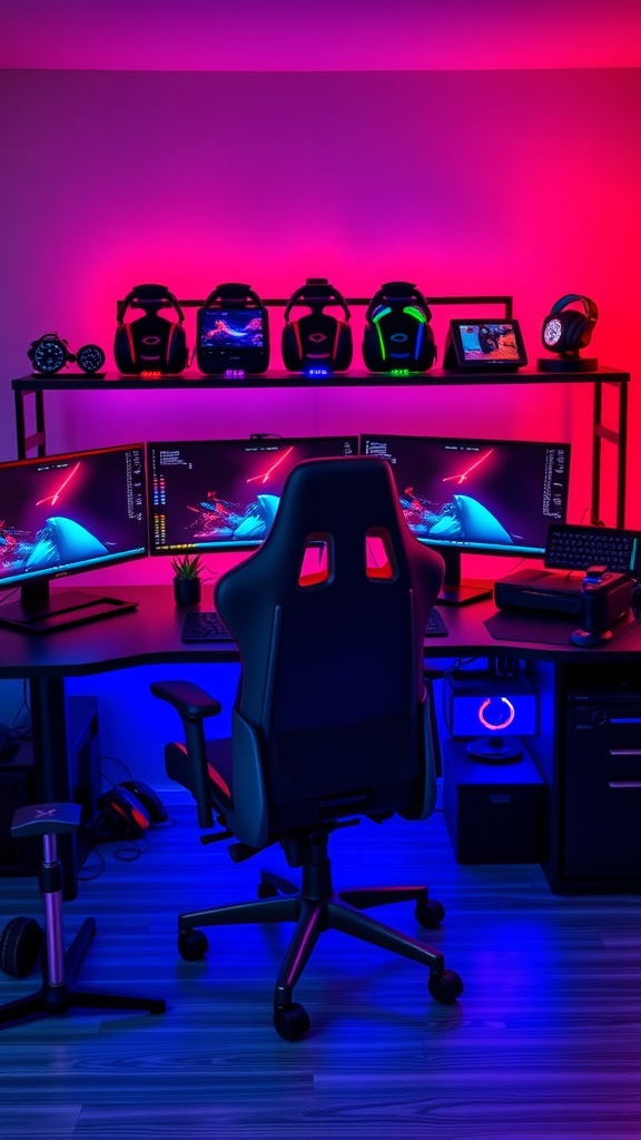 A modern gaming command center featuring multiple monitors, vibrant lighting, and a comfortable gaming chair.