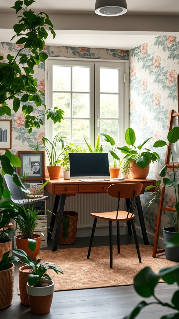 A cozy garden-inspired home office with plants, a wooden desk, and feminine decor.