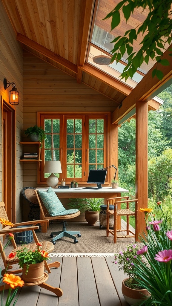 A cozy garden view workspace with a desk, chair, and plants, showcasing a summer house aesthetic.