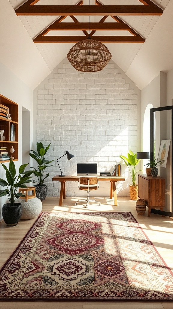 A bright and airy home office with a sloped wooden ceiling, modern desk, and decorative plants.