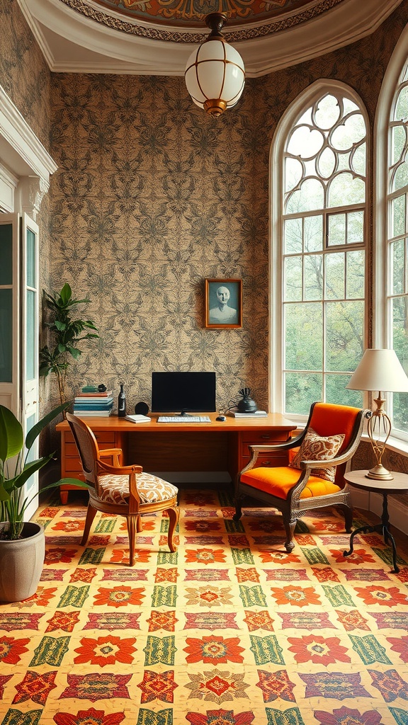 A home office featuring geometric patterned flooring in an art nouveau style, with a wooden desk, vintage chairs, and large windows.