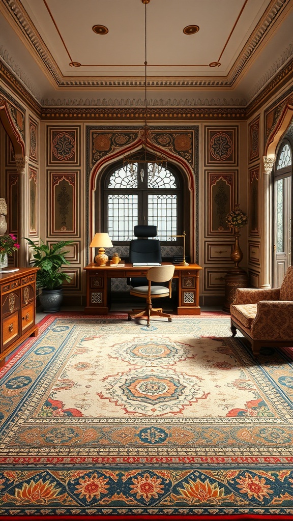 A home office featuring a geometric patterned rug inspired by Mughal architecture, with ornate walls and traditional furniture.