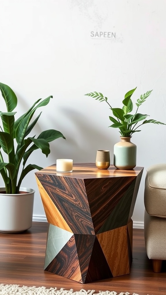 A geometric side table in a boho office setting with plants and decorative items.