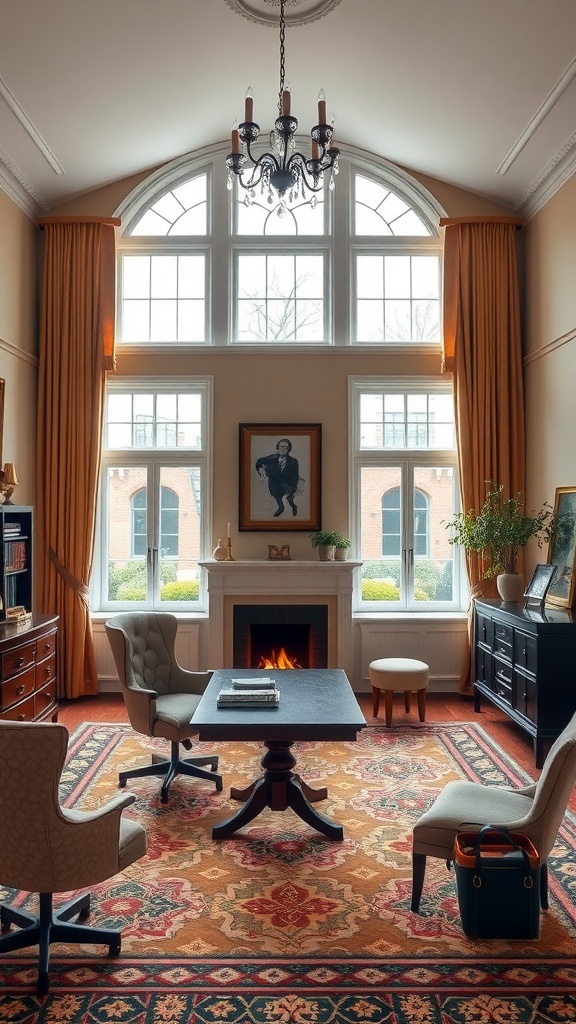 A home office designed in Georgian symmetry with elegant furniture and a classical architecture style.