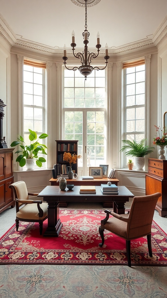 A beautifully designed home office featuring Georgian symmetry with large windows, elegant furniture, and a chandelier.