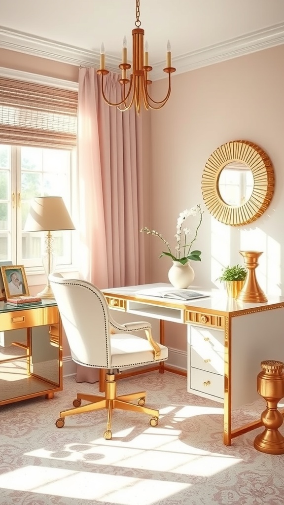 A feminine office space featuring blush walls, gold accents, and elegant furniture.