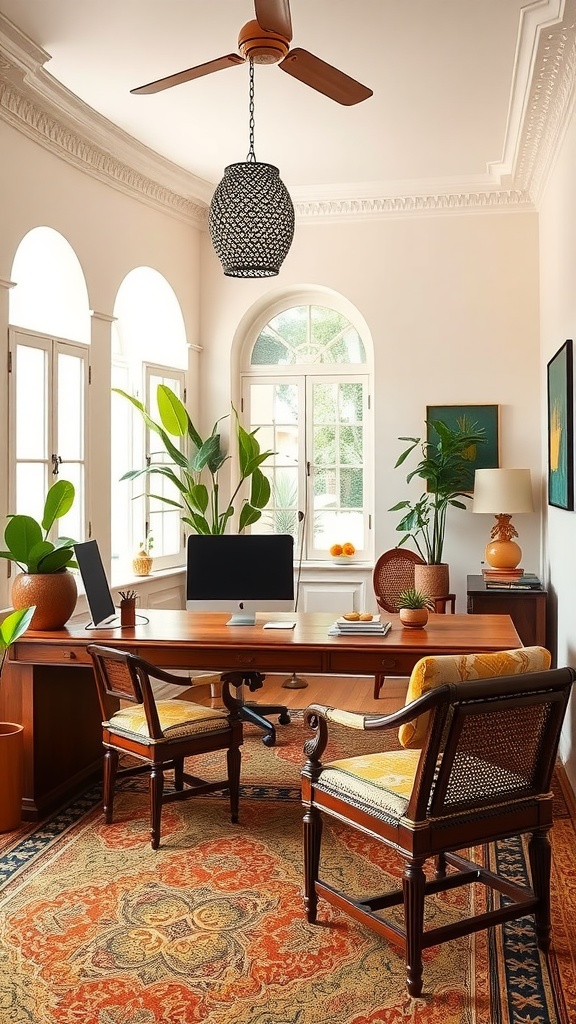 A cozy home office featuring a wooden desk, comfortable chairs, plants, and large windows, evoking Goan beach house vibes.