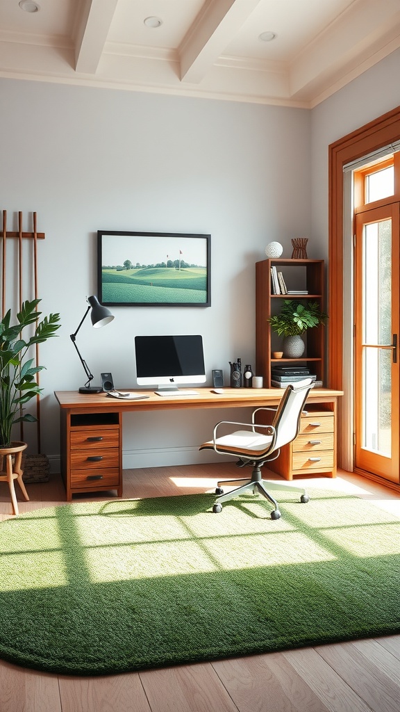 A golf-inspired home office featuring a sleek desk, modern chair, green rug, and golf course artwork.