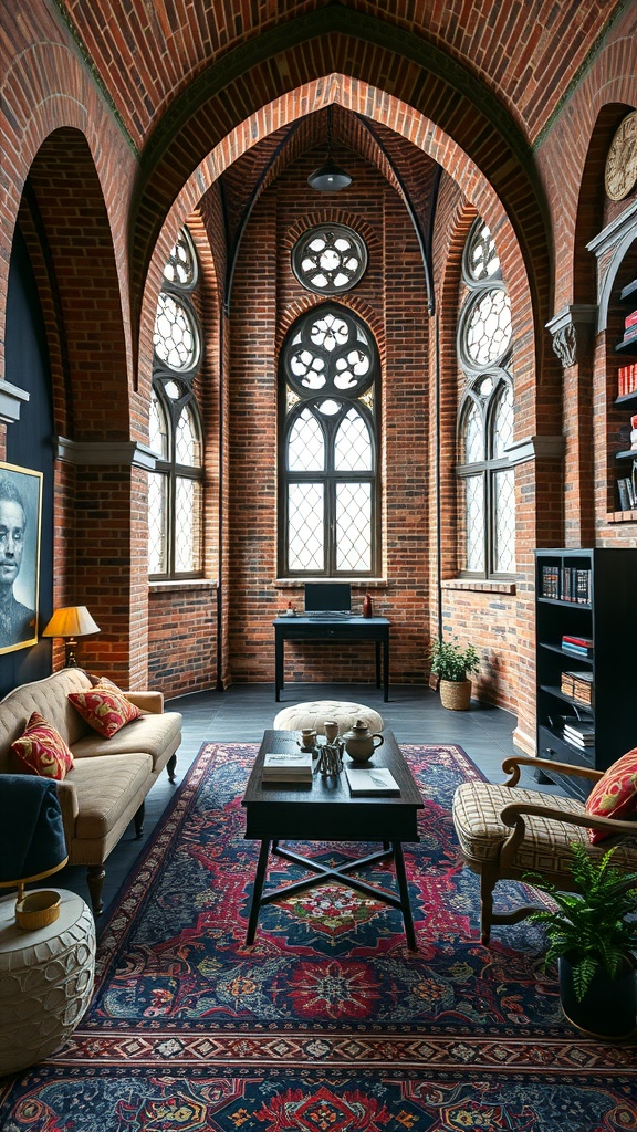 A cozy home office featuring Gothic Revival brick architecture with pointed arches, stained glass windows, and rustic furnishings.