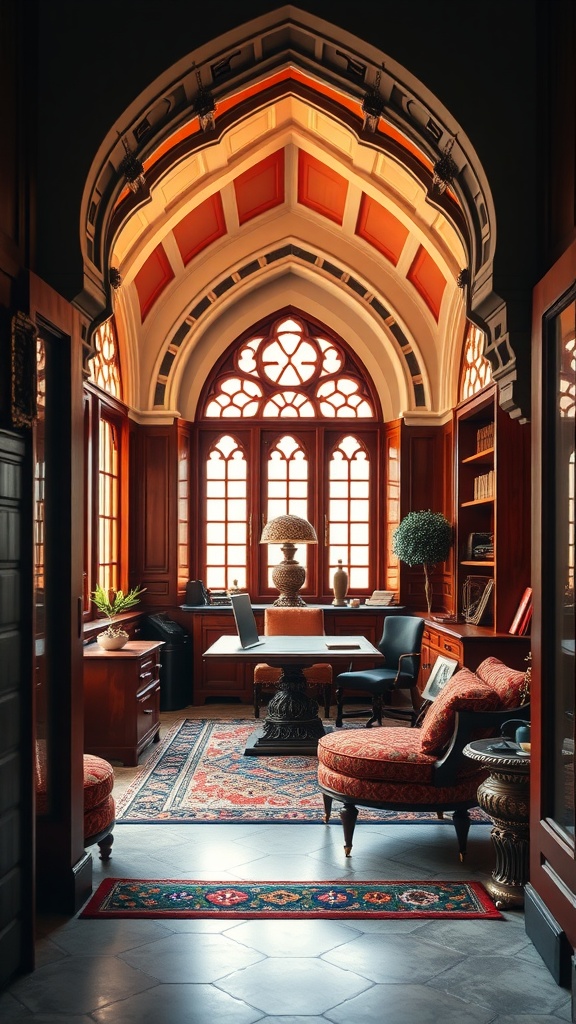 A Gothic Revival inspired home office with intricate archways, wooden furnishings, and rich colors.