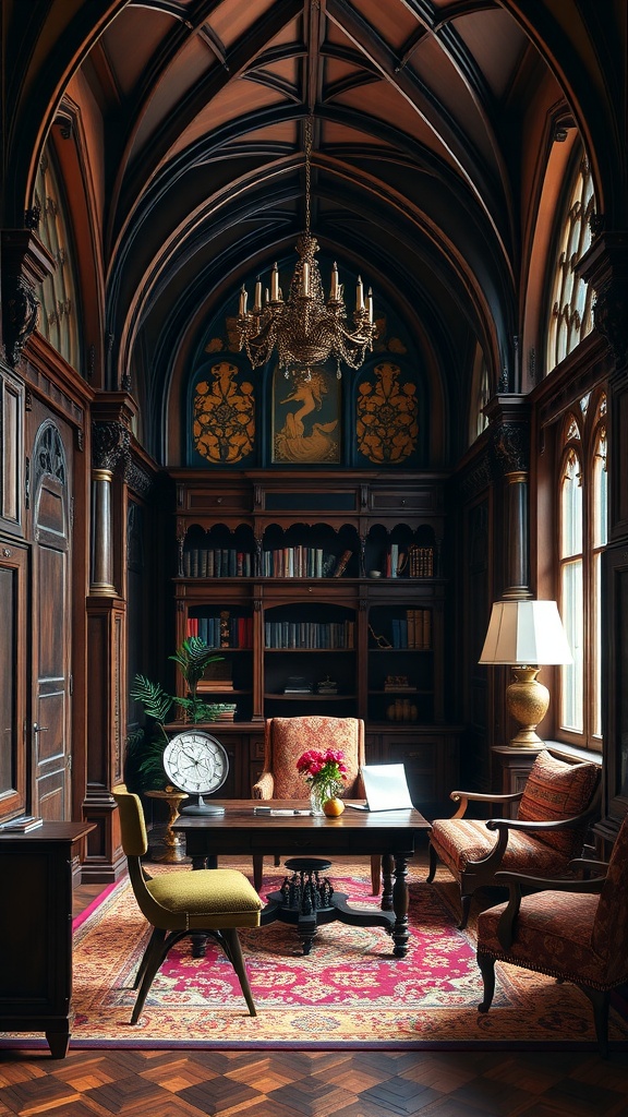 A Gothic Revival inspired home office with pointed arches, dark wood paneling, and elegant decor.