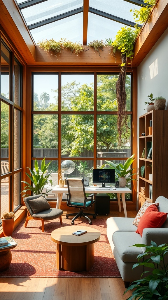 A bright home office with a glass ceiling and green plants on the roof, showcasing sustainable architecture.