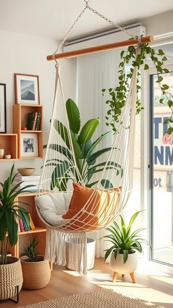 A hammock chair hanging in a boho-inspired home office surrounded by plants and bookshelves.