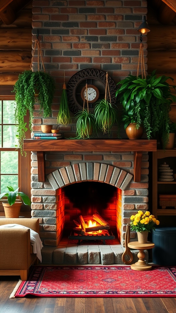 A cozy rustic cabin fireplace with hanging plants above it, featuring a wood fireplace and decorative items on the mantel.