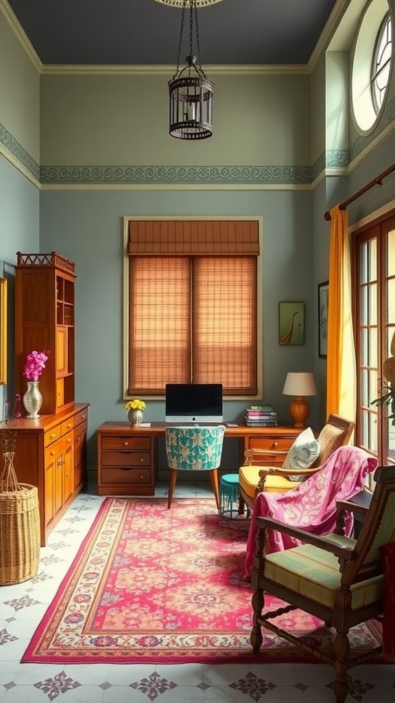 A cozy home office featuring traditional Indian decor, wooden furniture, and a vibrant rug.